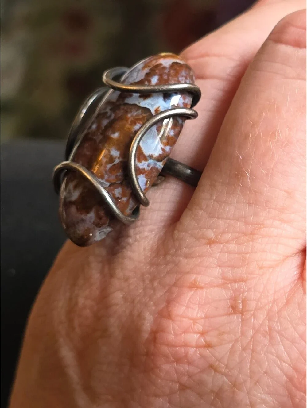 Artisan Wire Wrapped Oval Agate Cabochon Ring Adjustable Sz 7